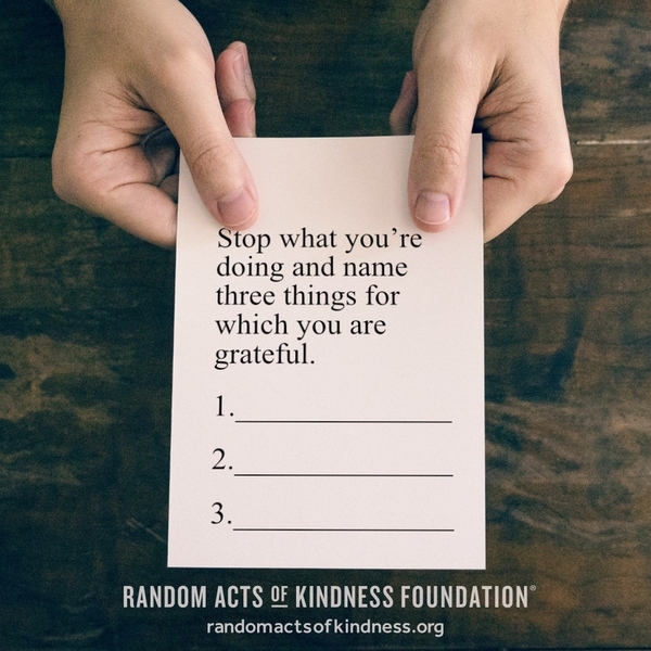 Stop what you're doing and name three things for which you are grateful. —Brooke